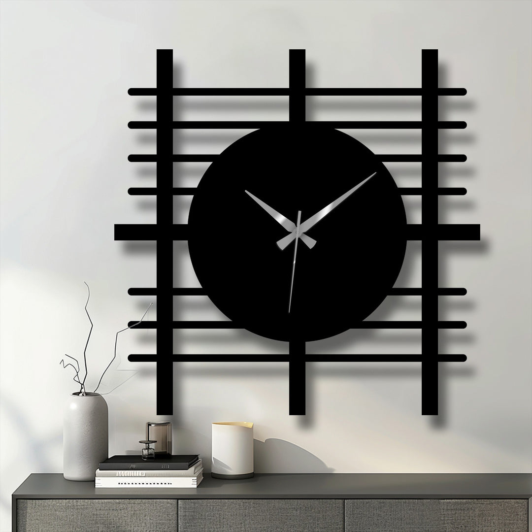 Showcasing the abstract quality of the modern grid panel metal wall clock, a striking piece of decorative metal art for stylish home decor.
