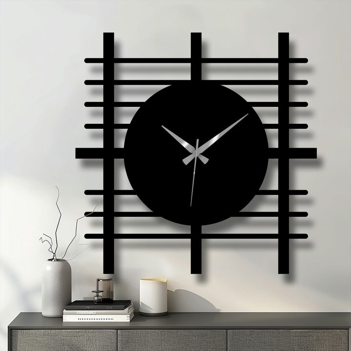 Showcasing the abstract quality of the modern grid panel metal wall clock, a striking piece of decorative metal art for stylish home decor.
