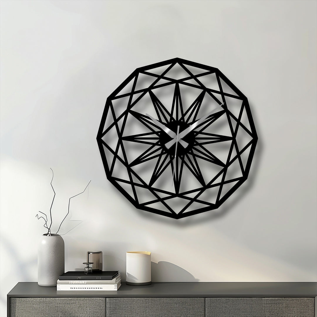 Negative space creates a striking contrast within the geometric star pattern metal artwork clock, highlighting the angular lines and modern design.