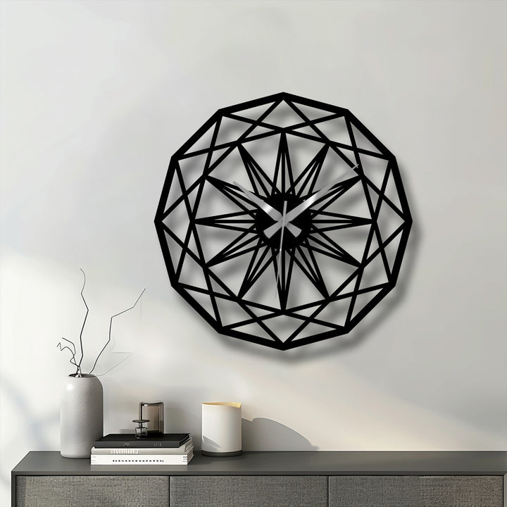 Negative space creates a striking contrast within the geometric star pattern metal artwork clock, highlighting the angular lines and modern design.