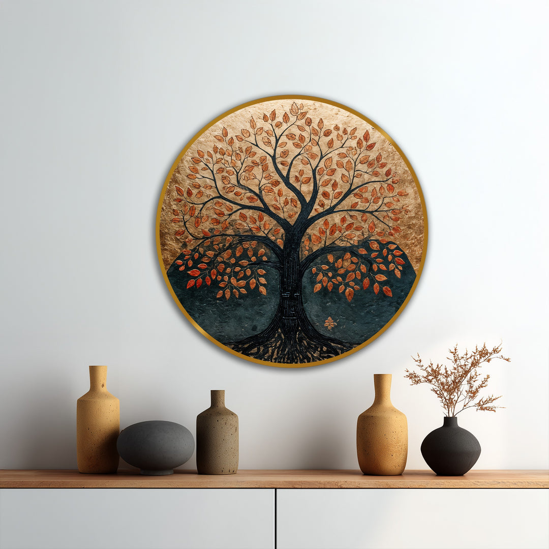 Strong color contrast defines this round oil painting artwork featuring an autumn tree with copper leaves against a dark, earthy background.