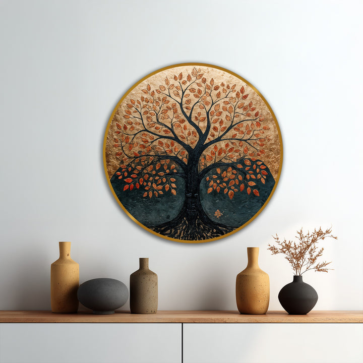 Strong color contrast defines this round oil painting artwork featuring an autumn tree with copper leaves against a dark, earthy background.