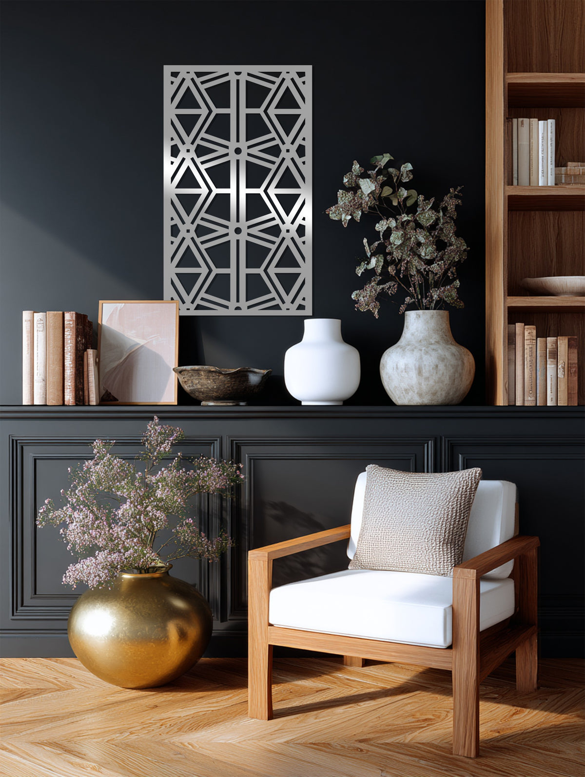 Framed with sleek, industrial edges, this geometric HexaFusion design presents a modern metal wall decor, its borders defining an abstract panel.