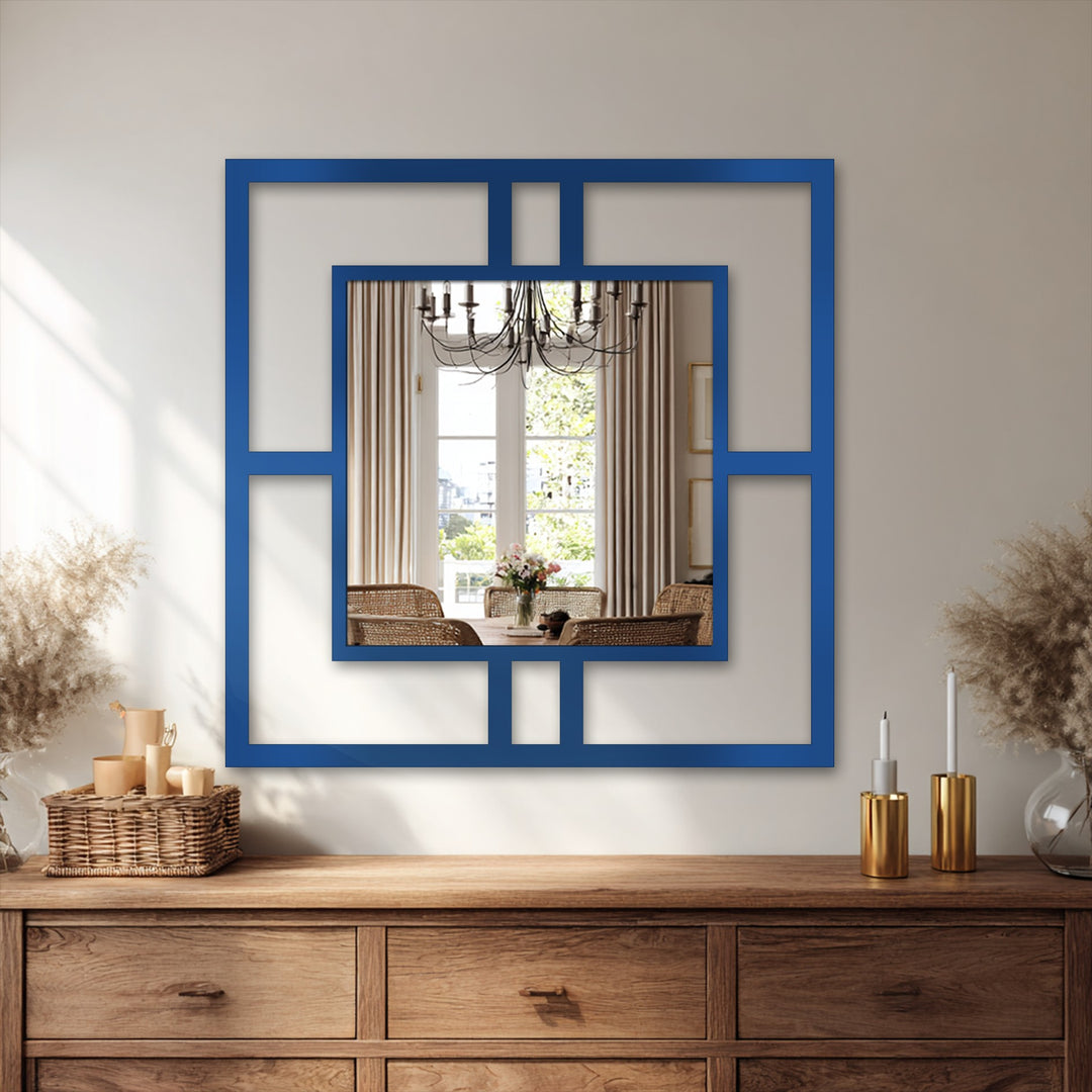 Foreground shows the solid wood dresser beneath a unique, navy framed wall mirror, a balance of geometric lines for modern decoration wall art.