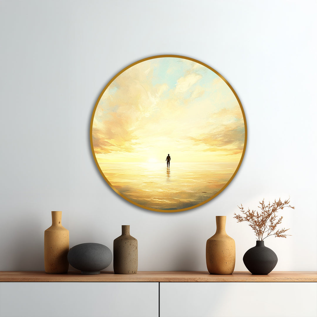 Organic forms accentuate the round oil painting art prints of a figure at sunset, mirroring the fluid shapes of vases displayed below.