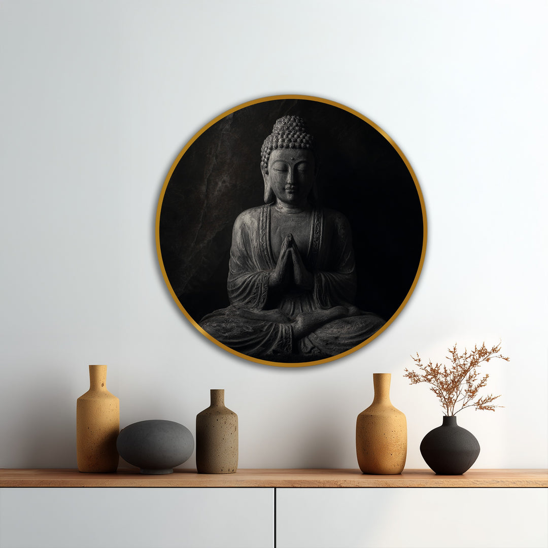 Featuring a gold-tone edge and borders, this oil painting art prints showcases a round dark meditative Buddha statue.