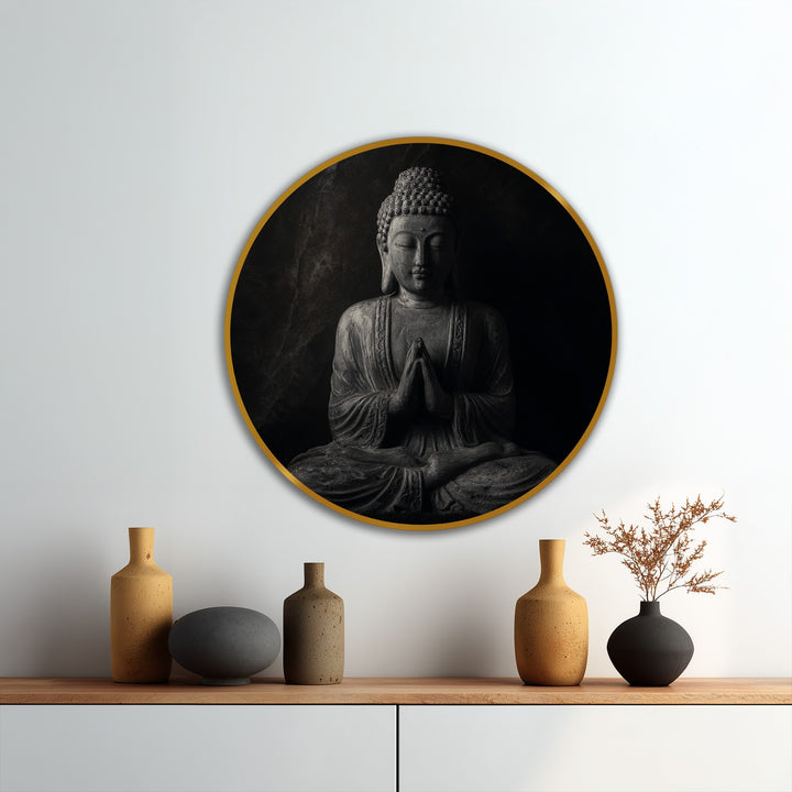 Featuring a gold-tone edge and borders, this oil painting art prints showcases a round dark meditative Buddha statue.