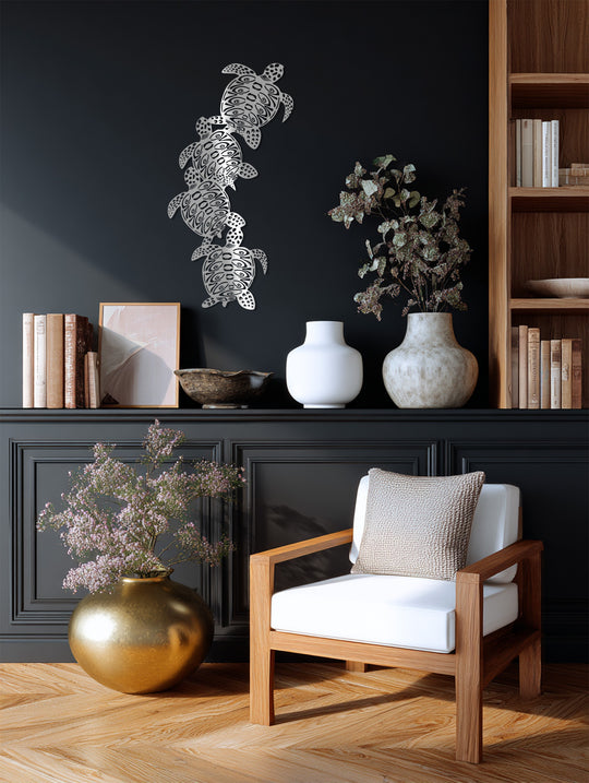 Arranged with geometric precision, the sea turtle decoration wall art features a tribal ocean design, creating a visually engaging display of sleek, stylized forms.