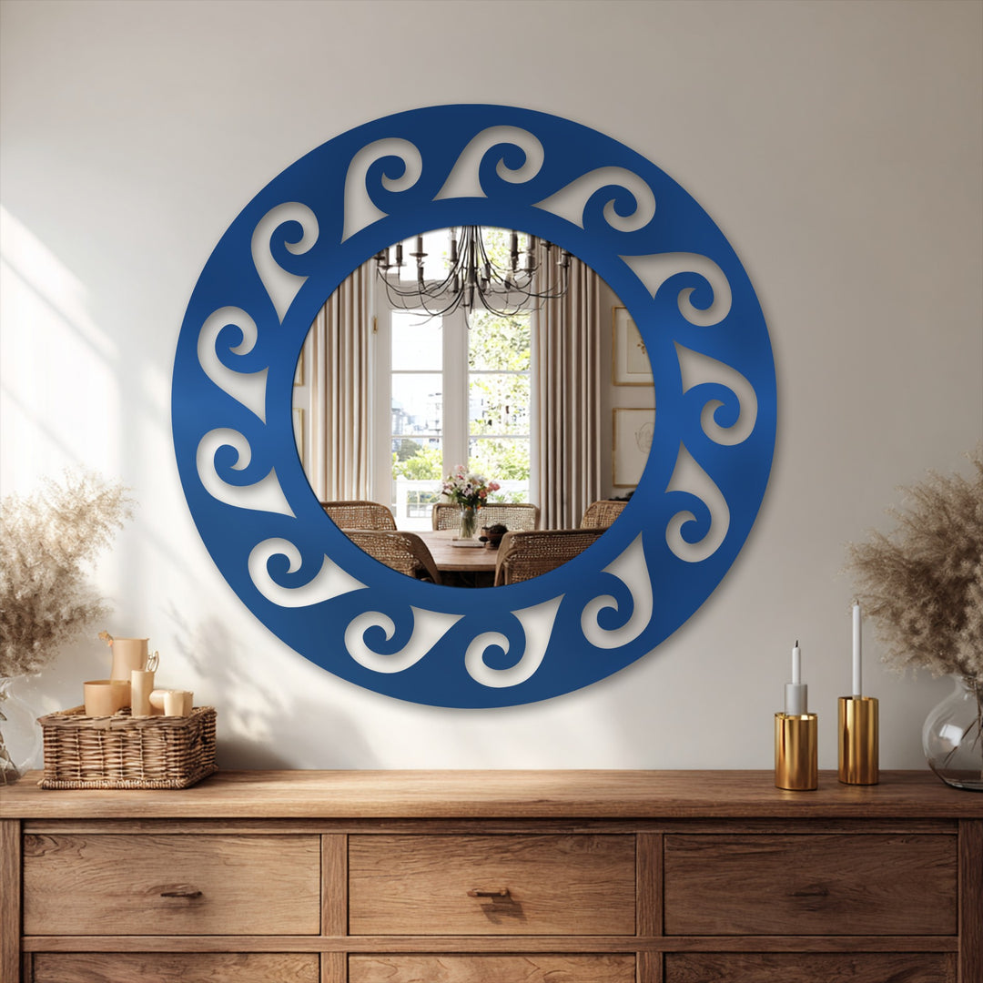 Highlighting the abstract quality, the circular stained glass wall mirror showcases an ornate, rhythmic scroll pattern, offering a decorative touch with its elegant, reflecting design.