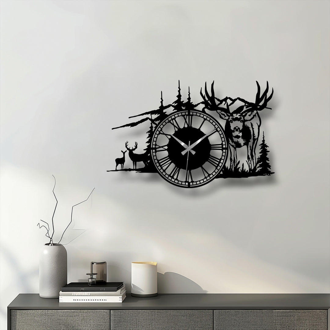 The focal point is a striking deer forest decorative metal art wall clock, showcasing a rustic nature silhouette design.