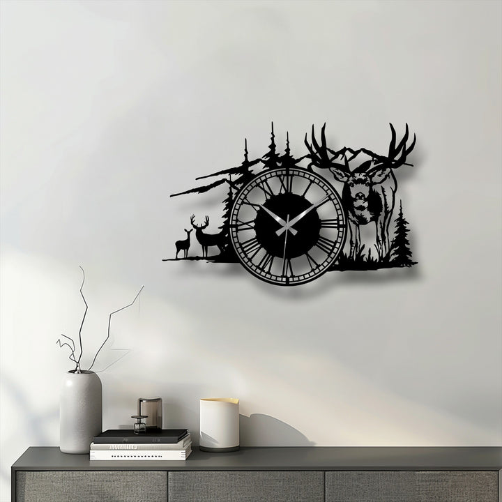 The focal point is a striking deer forest decorative metal art wall clock, showcasing a rustic nature silhouette design.