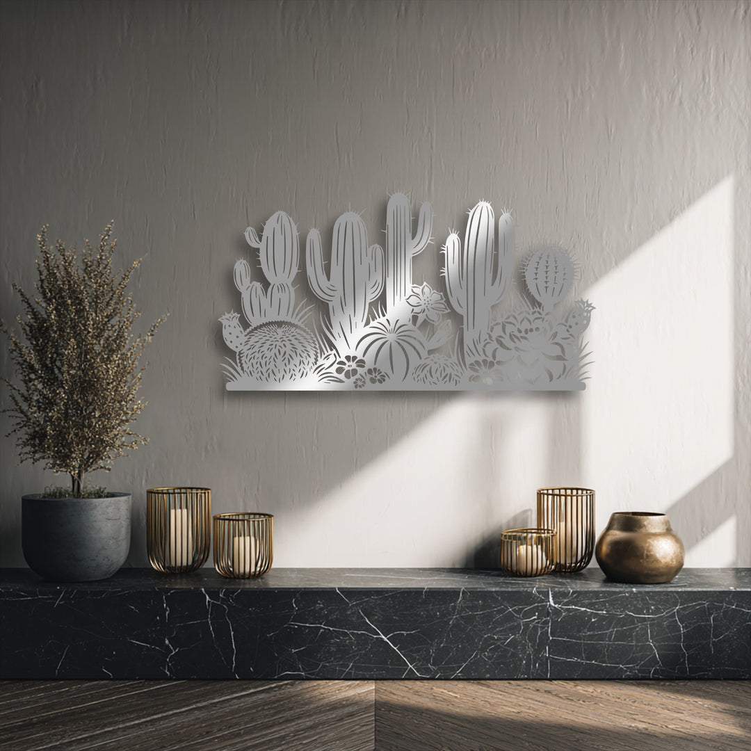 Showcasing a layered effect, this decorative metal art piece forms a dense desert botanical cactus garden silhouette.
