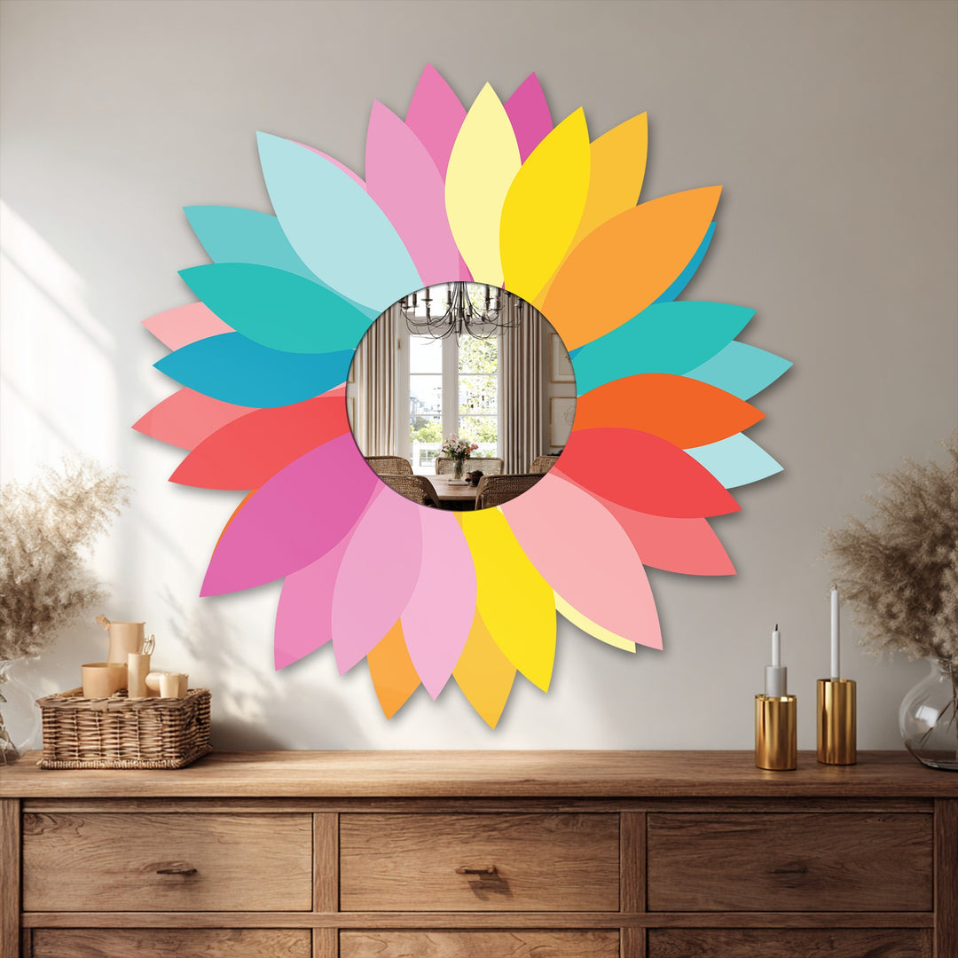 Petals radiate outward from the central decorative mirror, creating a sense of swirling energy in this colorful petal round metal wall mirror.