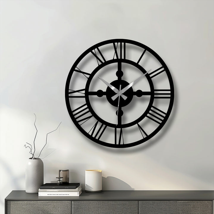 The stillness of the dark Industrial Roman Gear metal wall clock enhances the ambiance, a piece of decorative metal art offering a moment of quiet contemplation.