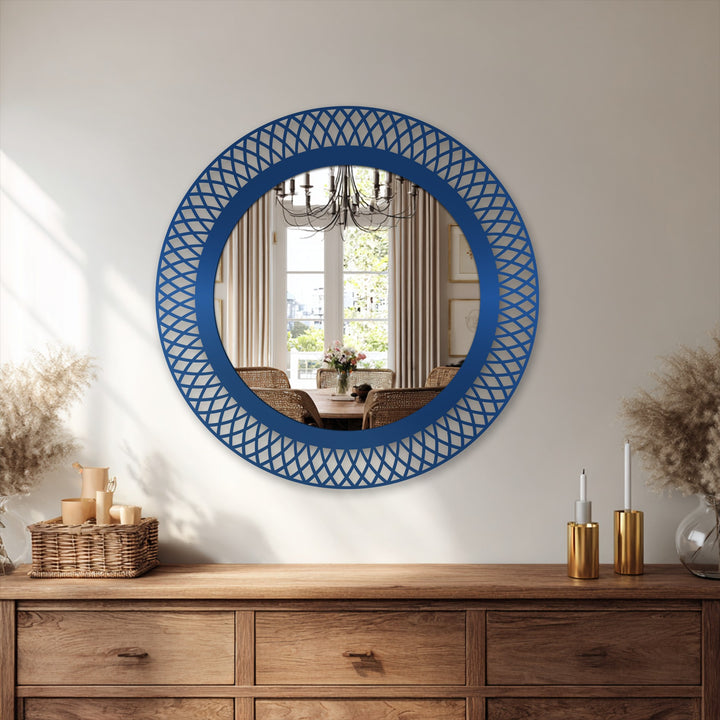 Reflecting the room's interior, the geometric lattice round mirror's modern design offers a sophisticated approach to decorating with wall mirrors, adding style.