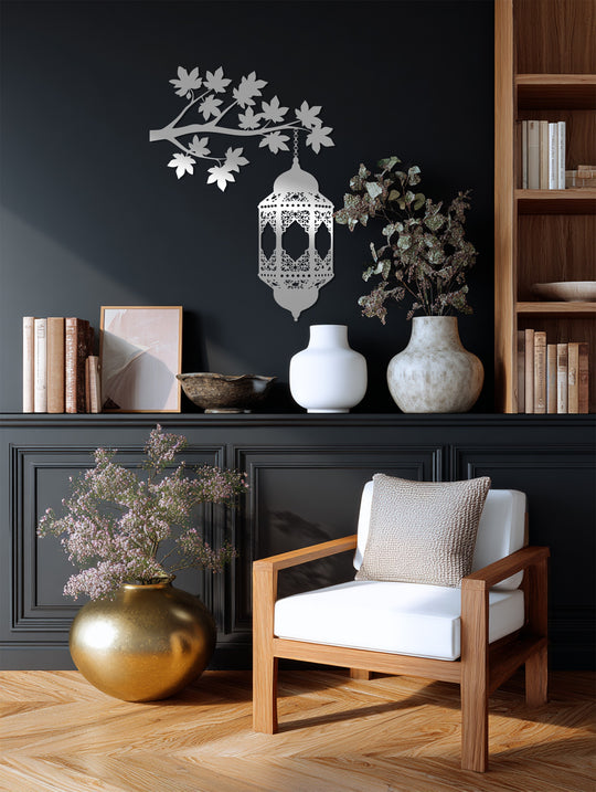 Dramatic color contrast highlights the hanging Ramadan lantern metal art for wall, standing out against the dark background in this elegant interior.