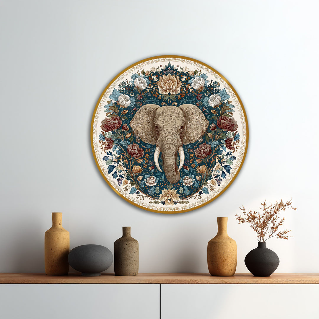 Elefante Floral Majestuoso – Redondo Cuadro al óleo sobre madera