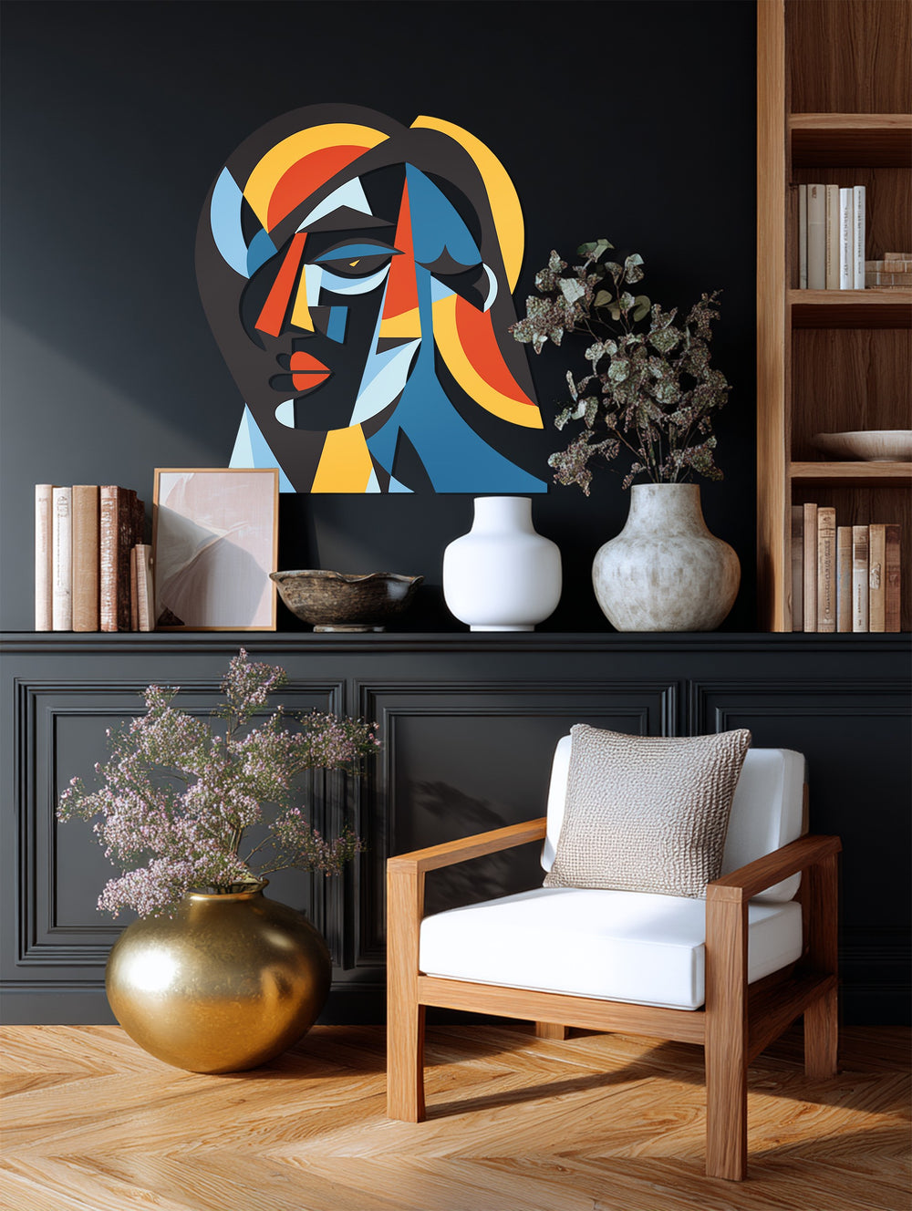 Picasso-style abstract face metal wall art sculpture — vibrant modern geometric woman art