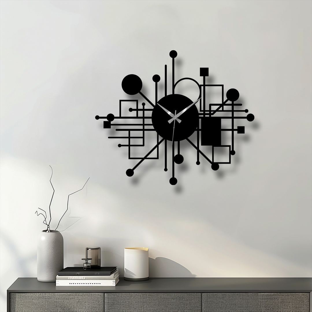 Negative space highlights the modern network of lines and geometric shapes in this abstract metal wall decor clock, contrasting with the plain wall behind.