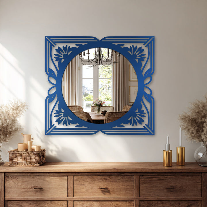 Dominant sapphire framed wall mirror features a floral art deco design, adding an elegant statement to any room with its reflective surface.