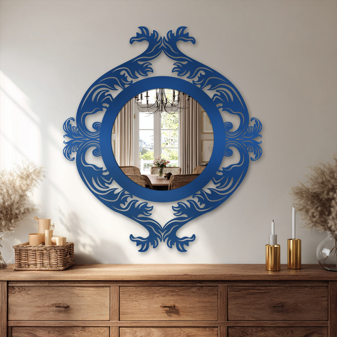 Geometric rendering of a sapphire-toned ornate wall mirror showcasing the repeating geometric motif in this unique metal wall art.