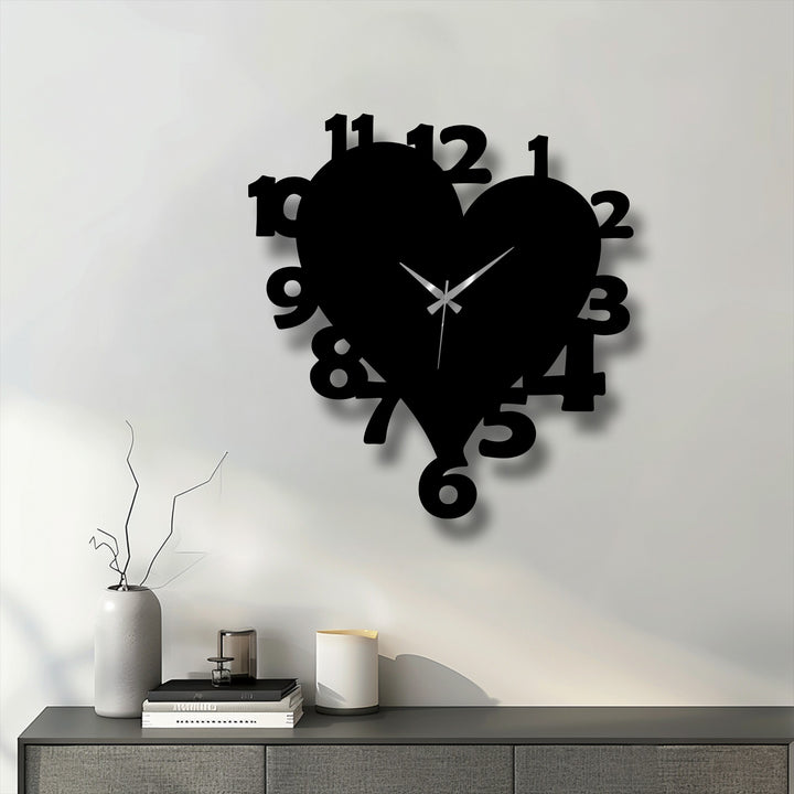 The expansive white negative space on the wall vividly defines the heart shape number metal art for wall, emphasizing its modern design.