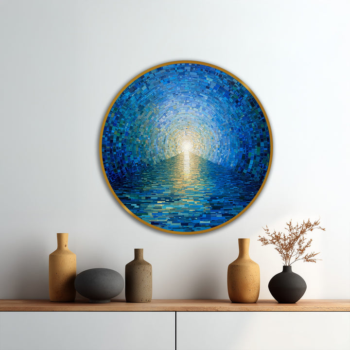 The darkest area of this round 'Radiant Horizon' ocean oil painting wall art showcases the depths of the mosaic surf.