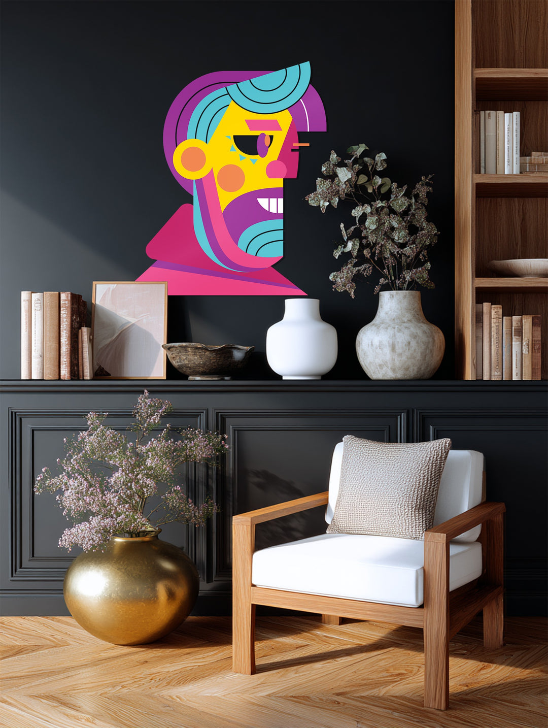 Vibrant Abstract Man Face Metal Wall Art – Modern Pop Cubist Home Decor