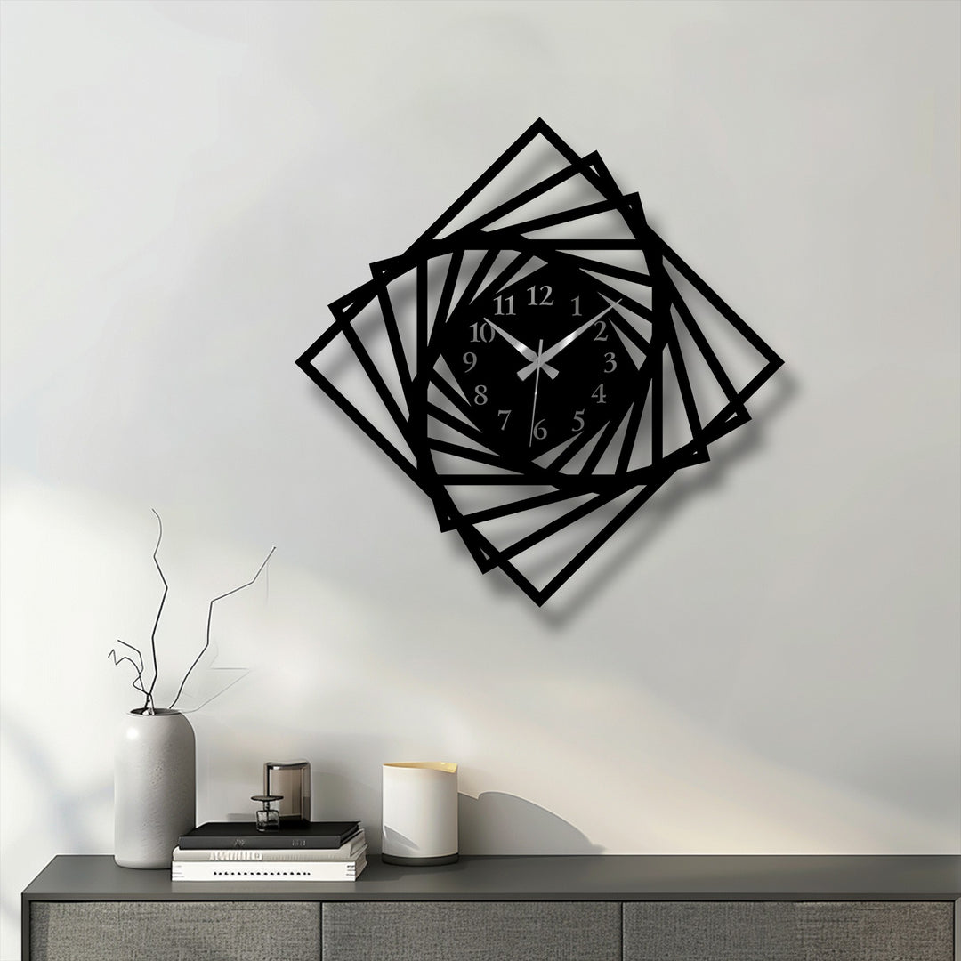 The focal point showcases an intricate black spiral frame metal artwork wall clock, a striking geometric design.