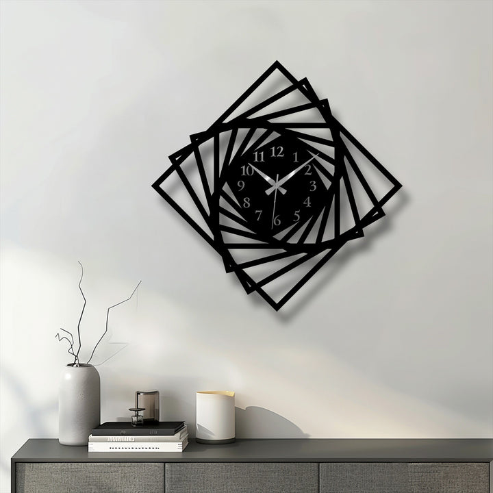 The focal point showcases an intricate black spiral frame metal artwork wall clock, a striking geometric design.