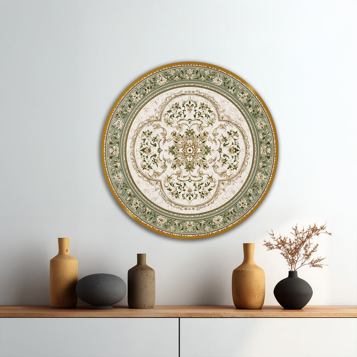 Depicting geometric elements, this round oil painting home decor features a vintage sage green floral mandala, composed of intricate circular and radial patterns.