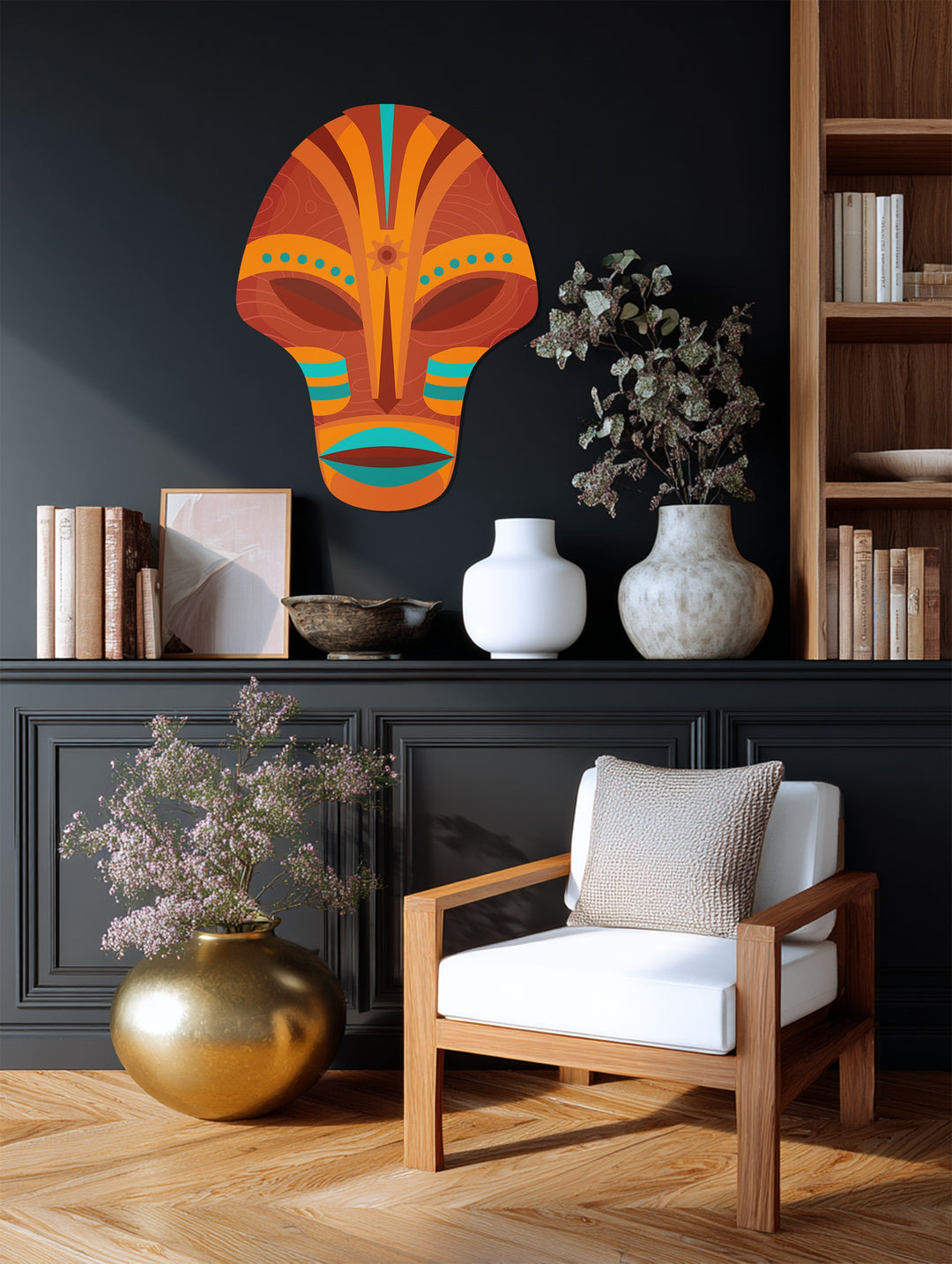 Tribal Harmony Mask Metal Wall Art – Abstract Cultural Decor