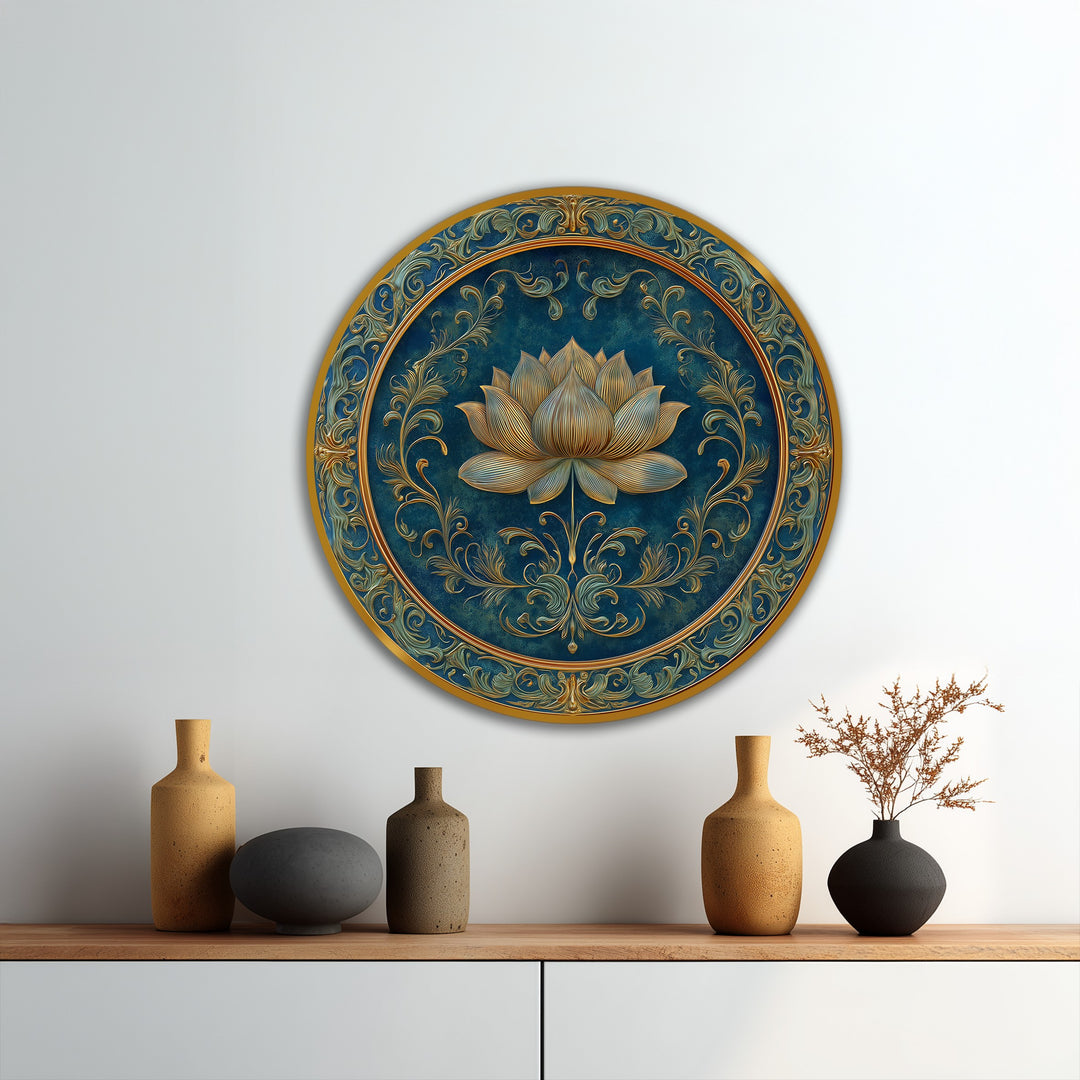 Elegancia de loto dorado: redondo con motivos florales ornamentados Cuadro al óleo