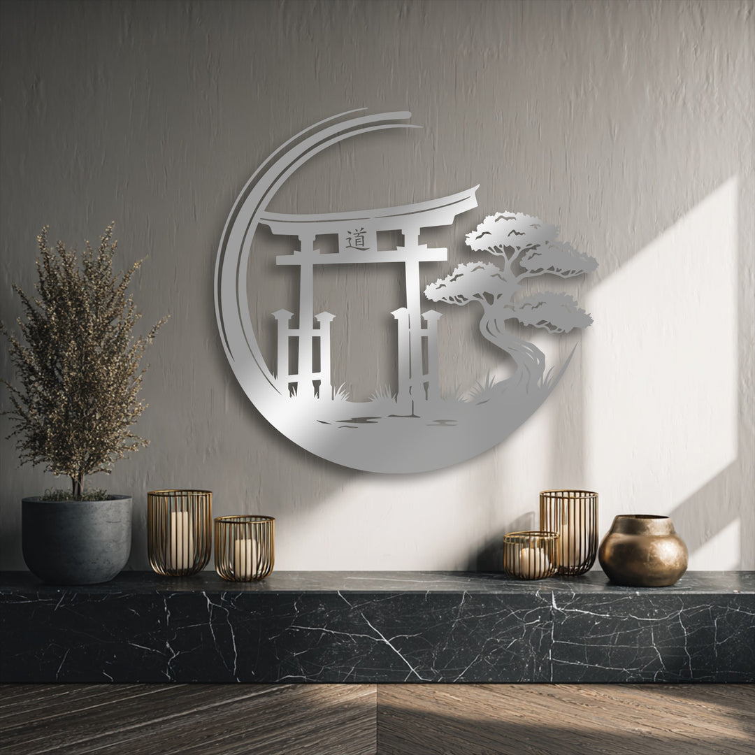 The focal point showcases an intricate circular metal art for wall, depicting a stylized Japanese Torii gate and a serene bonsai tree within a Zen garden design.