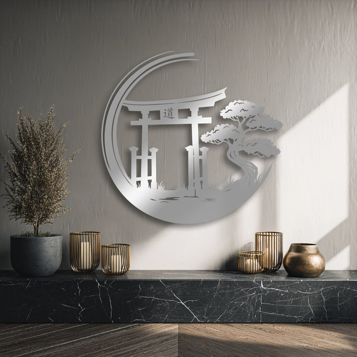 The focal point showcases an intricate circular metal art for wall, depicting a stylized Japanese Torii gate and a serene bonsai tree within a Zen garden design.