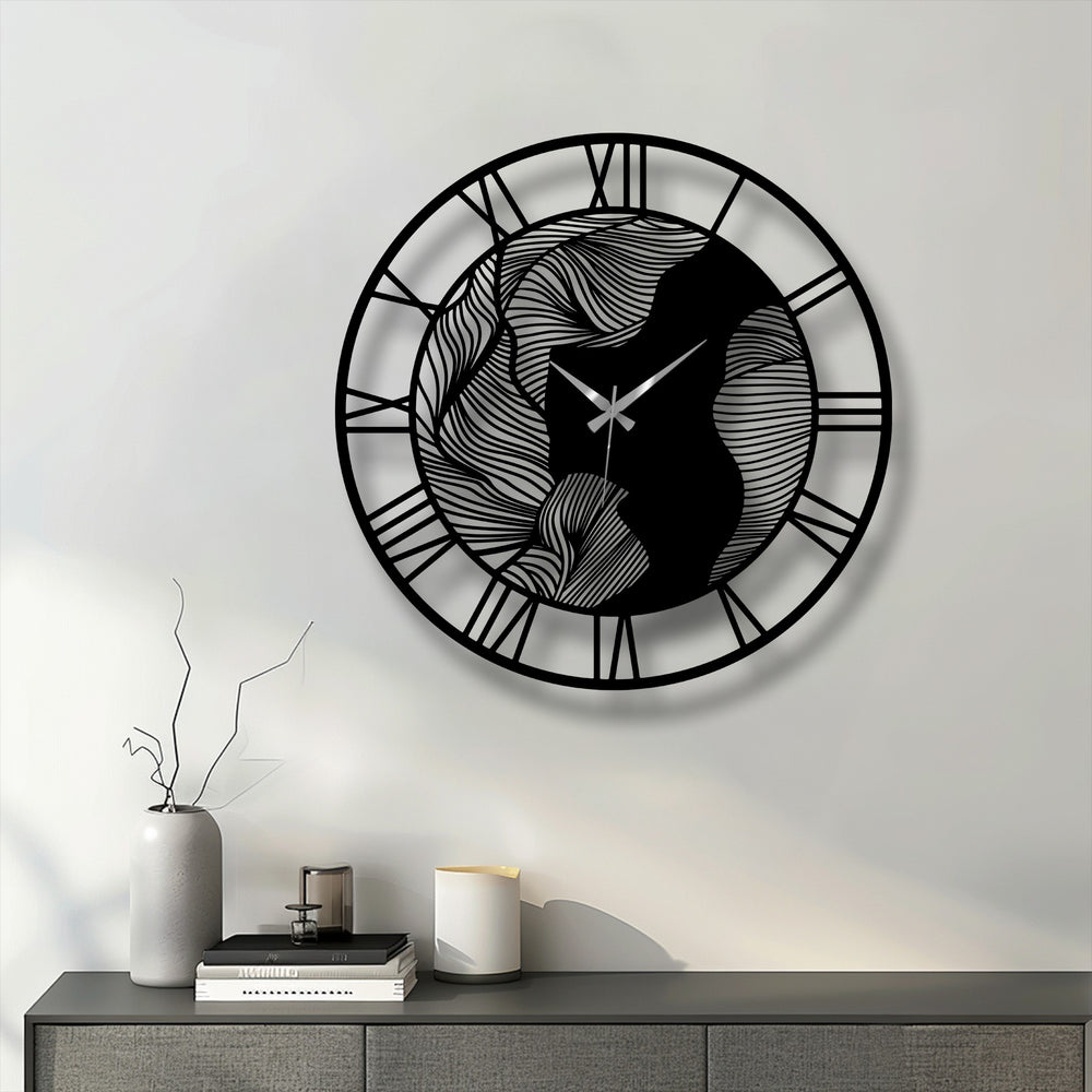 The realistic detail in this abstract wave Roman numeral wall clock highlights the decorative metal art with its flowing lines and contemporary design.