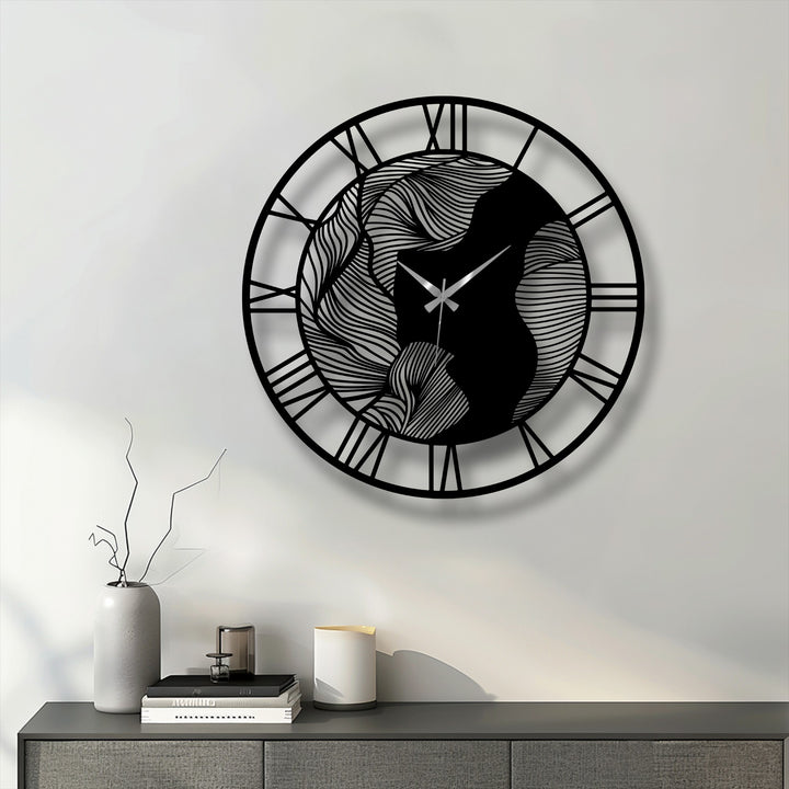 The realistic detail in this abstract wave Roman numeral wall clock highlights the decorative metal art with its flowing lines and contemporary design.