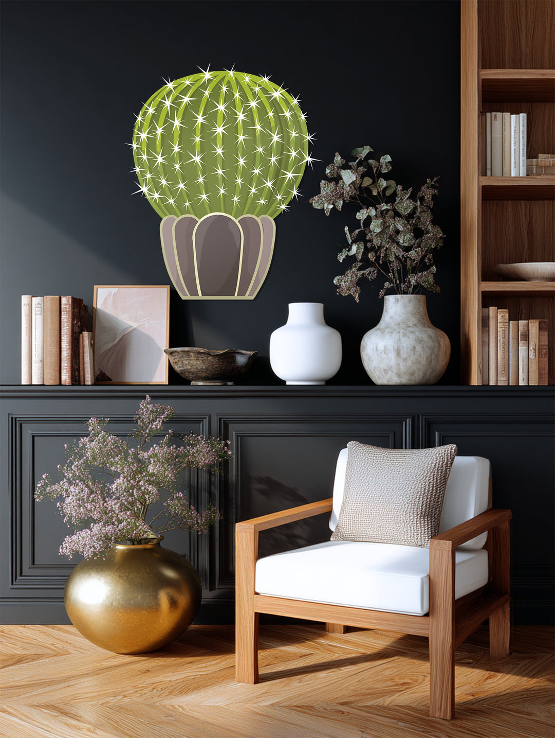 The focal point reveals a prickly sphere cactus, showcased as metal wall decor, its minimalist desert design a striking piece of unique metal wall art.