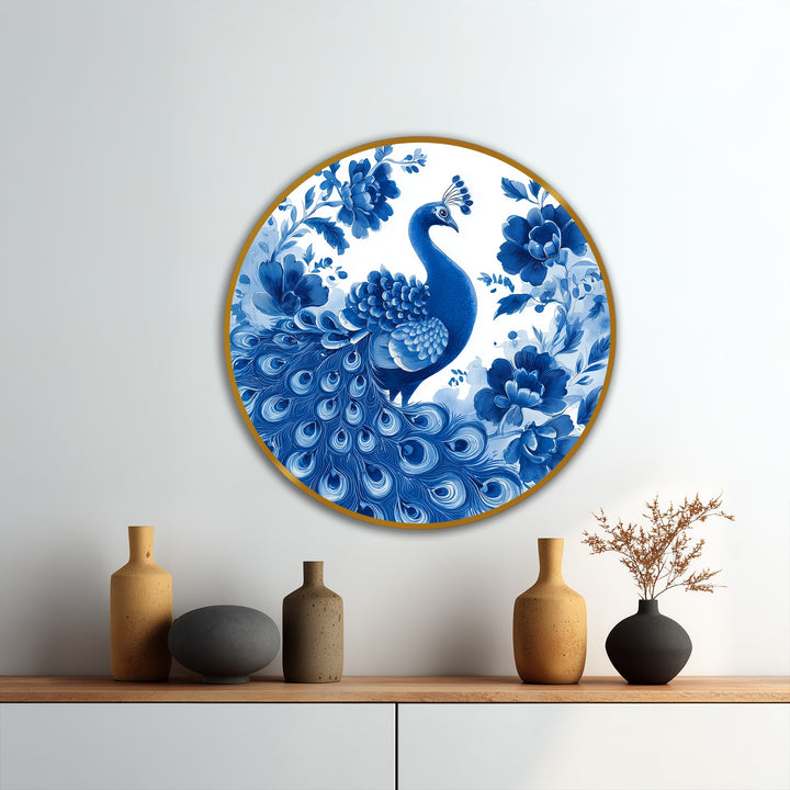 Evoking a sense of swirling motion, the peacock's plumage and the surrounding blossoms seem to dance across this modern oil painting art in an indigo symphony.