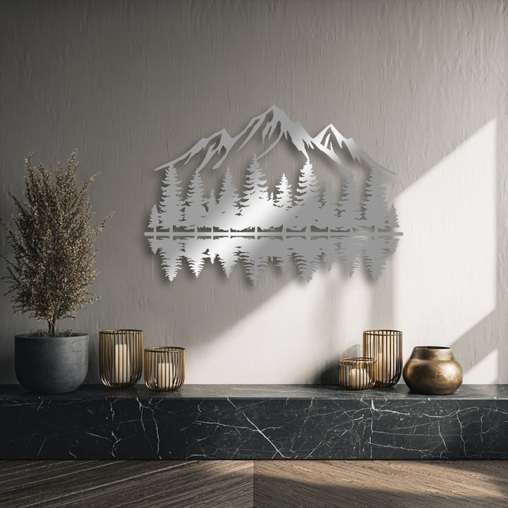 The organic forms of a serene mountain forest reflection metal art for wall piece, showcasing a tranquil nature landscape design.
