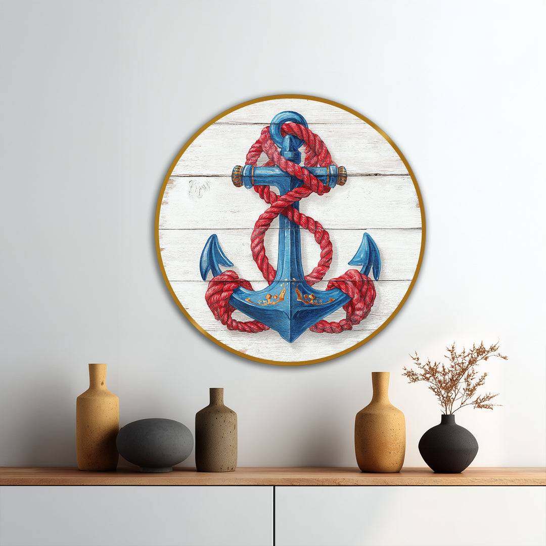 Evoking a calming seaside feeling, this nautical anchor with red rope round oil painting artwork brings a coastal mood to any room.