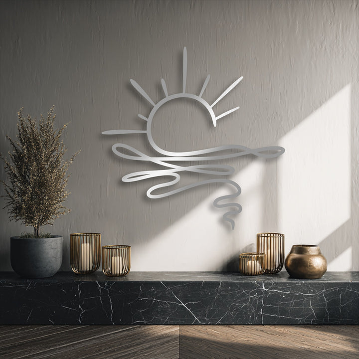 The realistic detail of this abstract sunrise metal wall decor highlights intricate lines and the play of light and shadow on the textured wall.