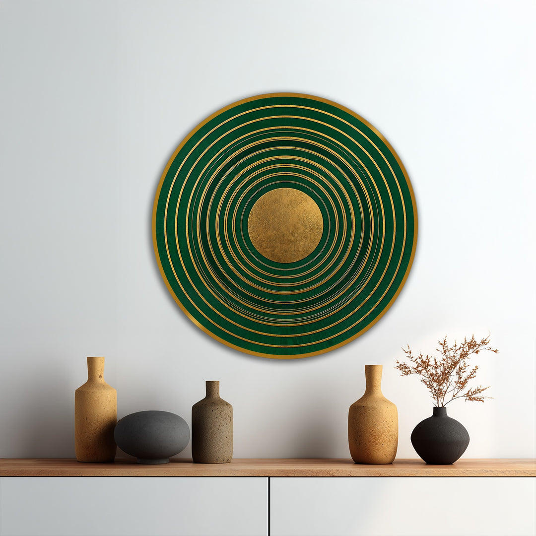 Negative space emphasizes the concentric gold rings of this emerald geometric round oil painting wall art, creating a focal point within the elegant design.