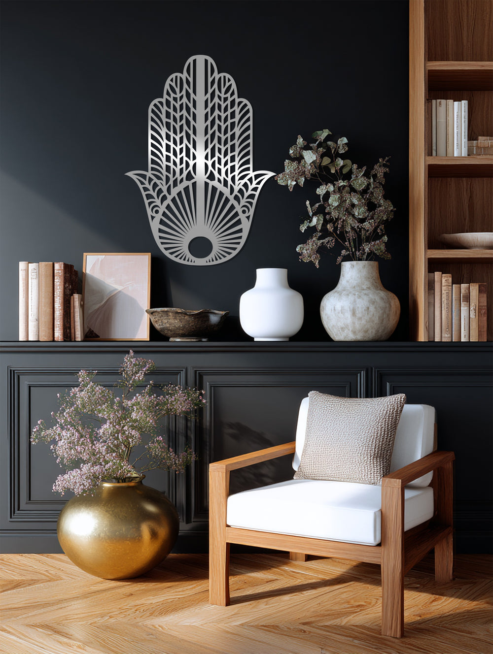 Symbolic Hamsa hand metal wall sculpture in black