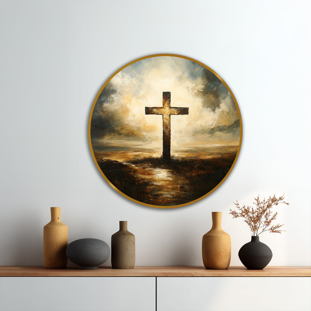 Glowing transitions between the gold and umber hues highlight the divine light in this 'Beacon of Salvation' oil painting art prints depiction of a radiant cross.