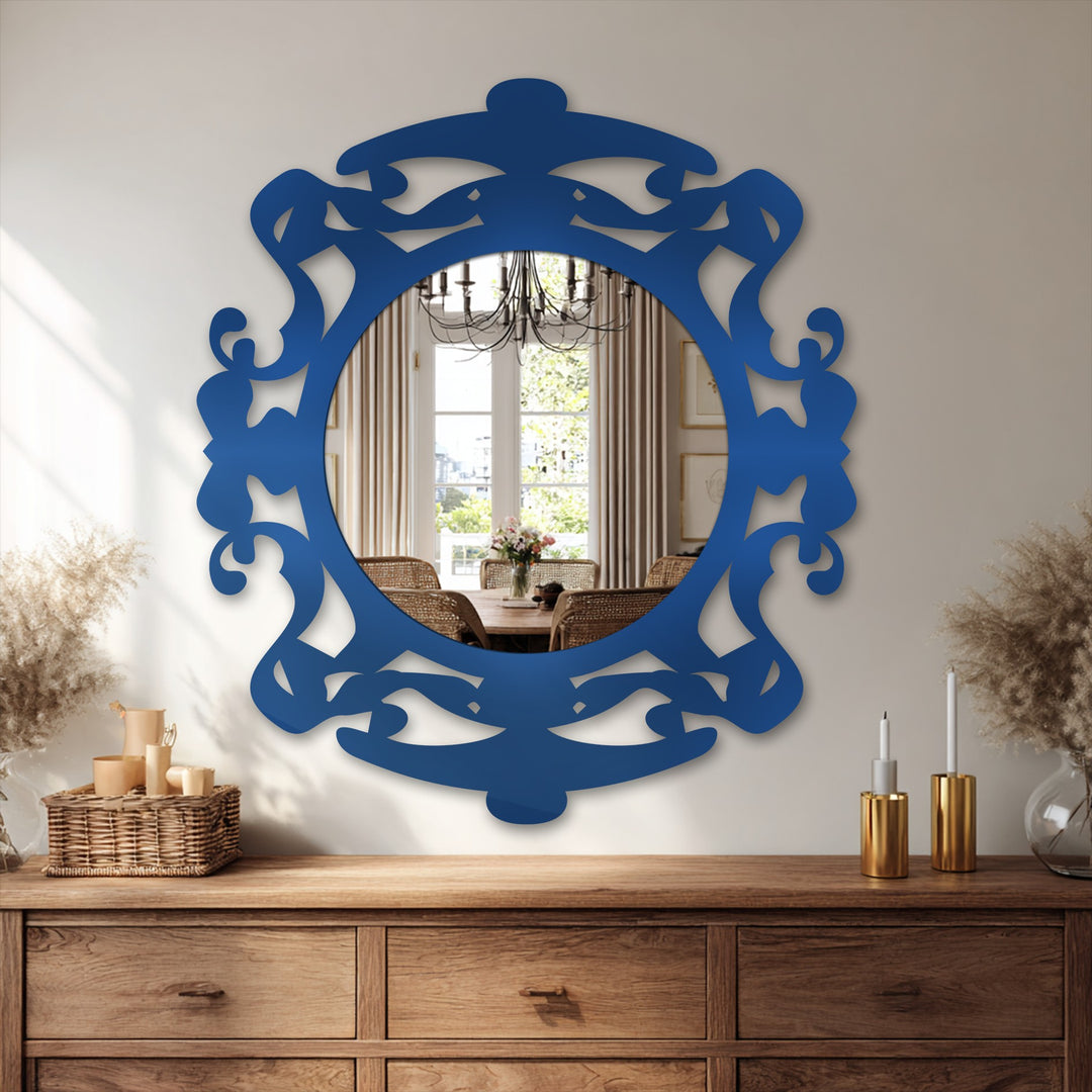 Featuring detailed metal wall decor, the image shows an ornate round floor mirror with a sturdy frame, ensuring quality and elegant design.