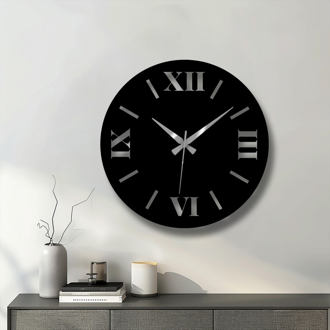 Time seems to flow from the modern Roman numeral metal wall clock, as the hands sweep across the minimalist black face, a stylish example of metal artwork.