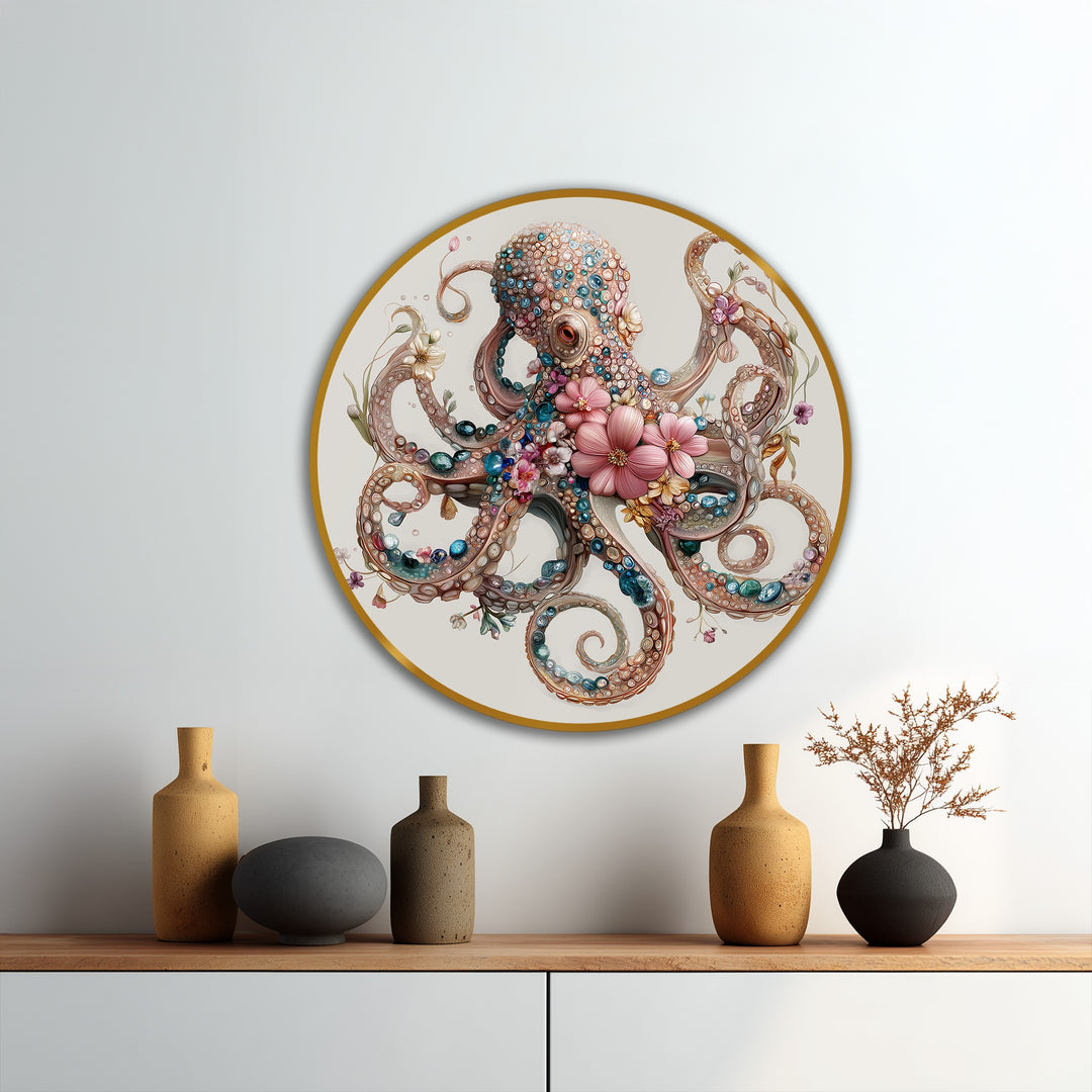 Visual rhythm is created by the repeating patterns of jewels and flowers on the floral jeweled octopus round oil painting home decor.