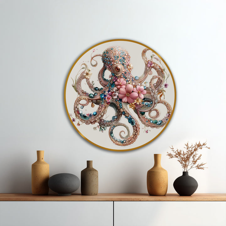 Visual rhythm is created by the repeating patterns of jewels and flowers on the floral jeweled octopus round oil painting home decor.