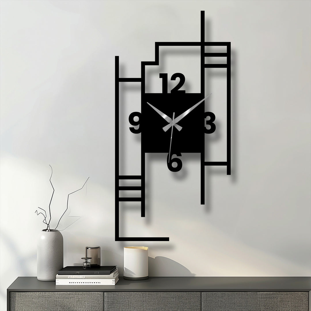 Visual rhythm is established by the black metal wall decor in this modern geometric metal wall clock, creating an artistic city skyline effect.